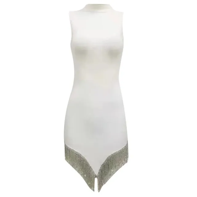 Anisa Round Neck Rhinestone Tassel Sleeveless Bandage Dress