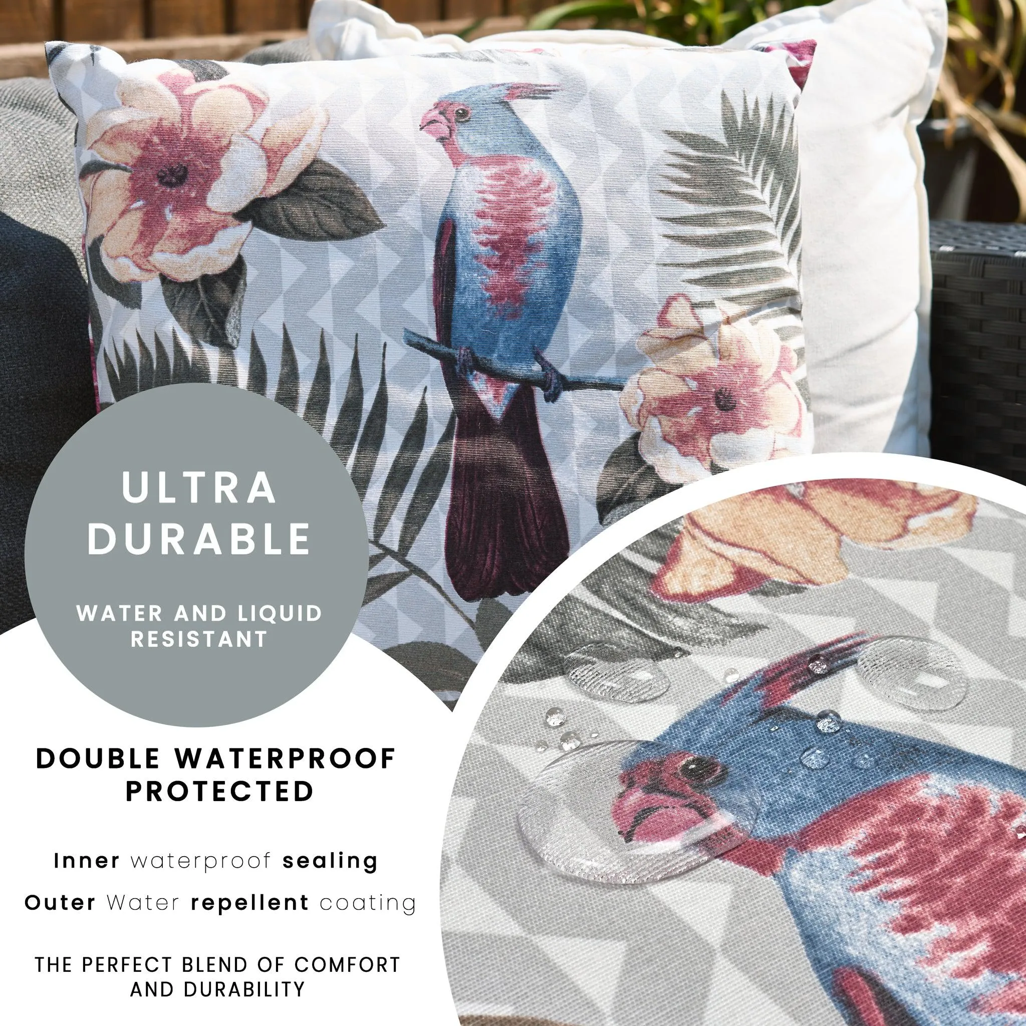Blue Tropical Birds Outdoor Garden Cushion - 42 x 42cm