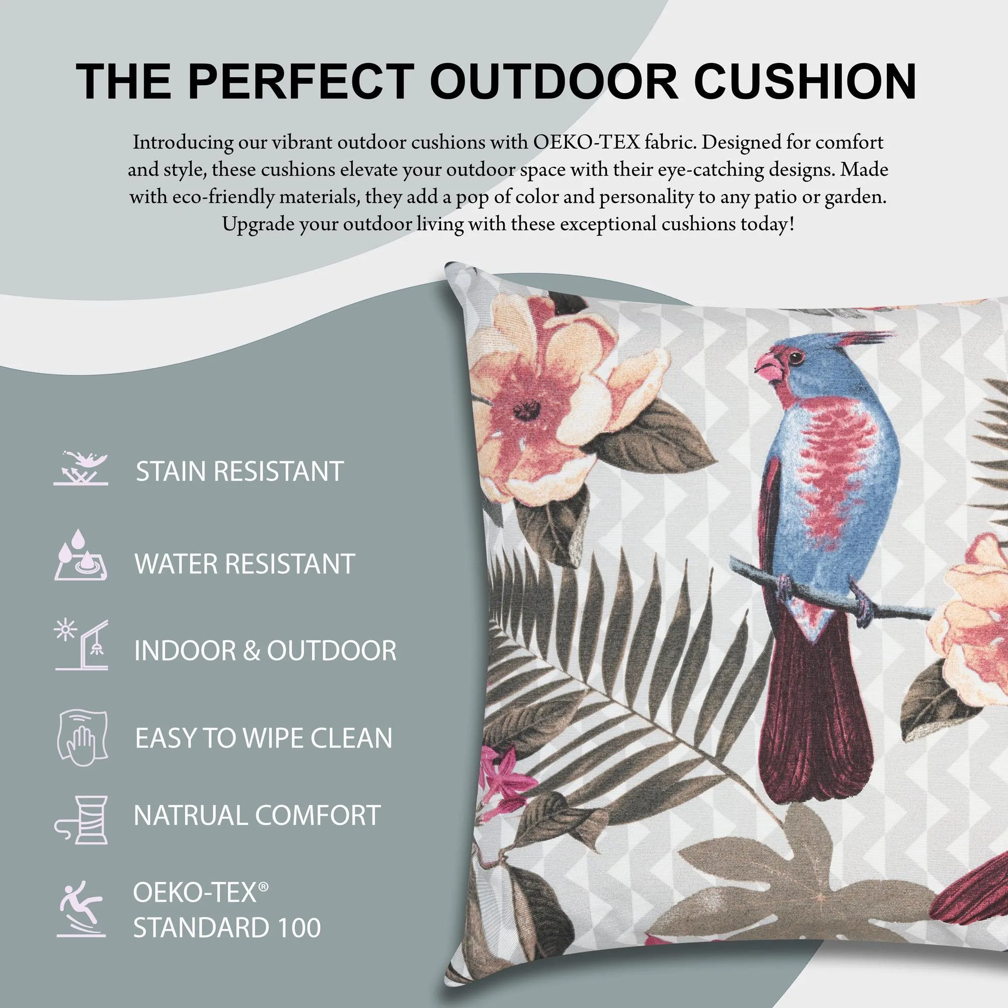 Blue Tropical Birds Outdoor Garden Cushion - 42 x 42cm