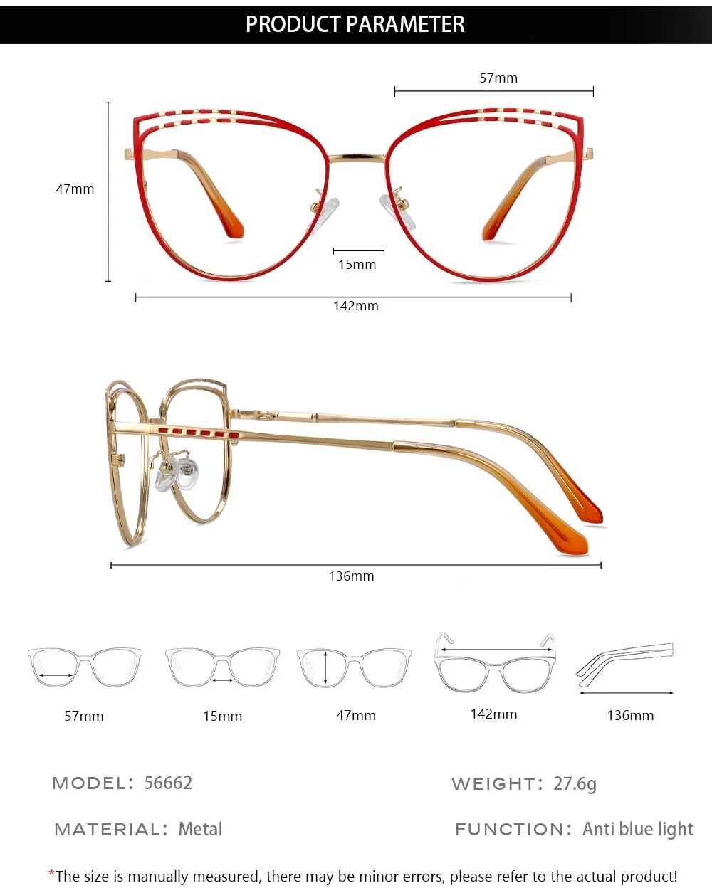 CCspace Women's Full Rim Square Cat Eye Alloy Eyeglasses 56662