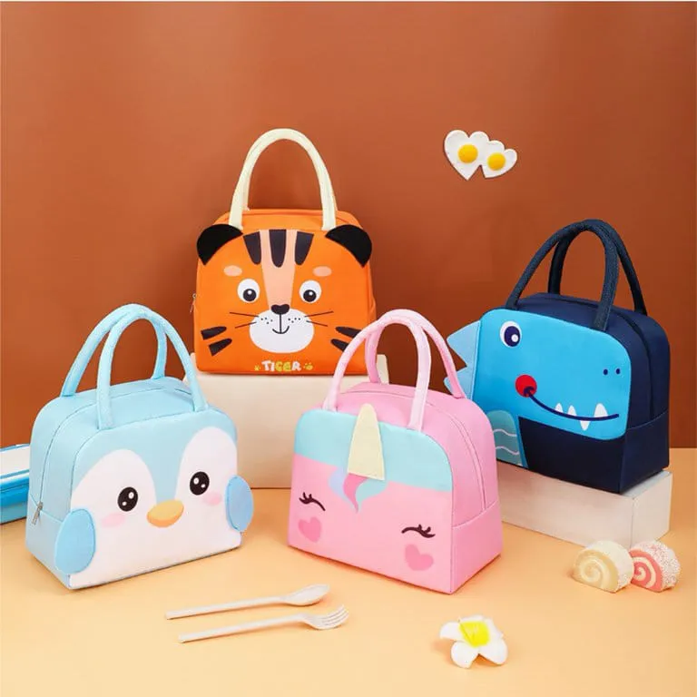 Cute 3d design Animal Printed Insulated  Lunch bag for kids (Blue Dino)