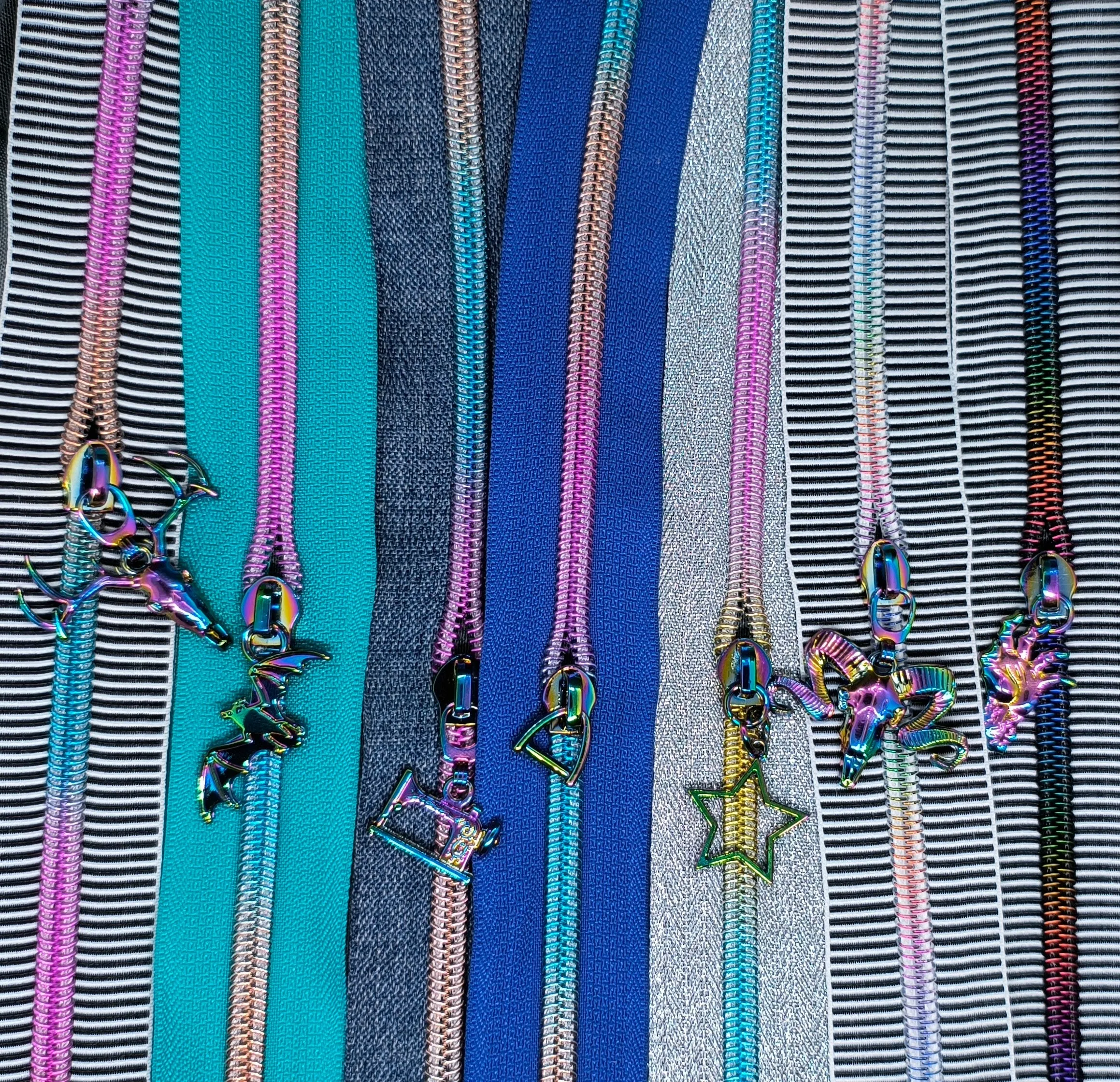 Denim with Rainbow Gradient Teeth Zipper Tape