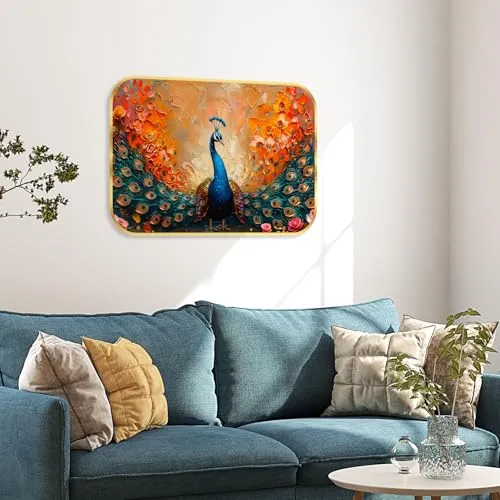 Livin'luxe paintings beautiful peacock modern art Premium Sparkle Lamination Finished Surface Golden Slim Frame 30 cm x 46 cm Large Size, For Home/Office/Hotel painting MG75