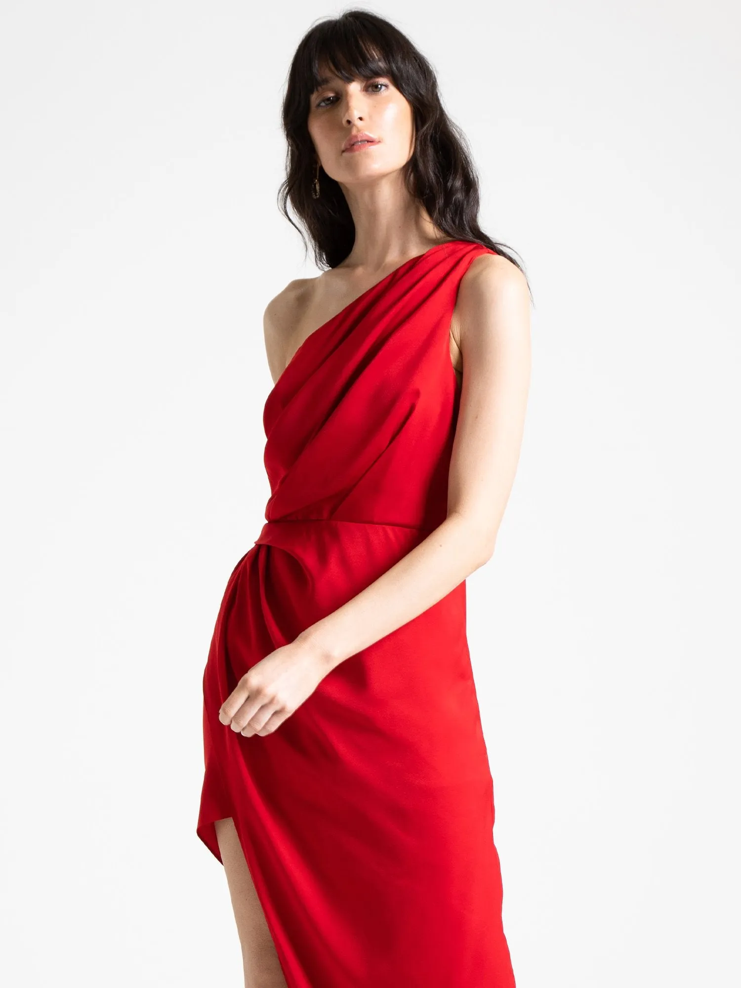 One-Shoulder Pleated Satin Midi Dress - Do Be