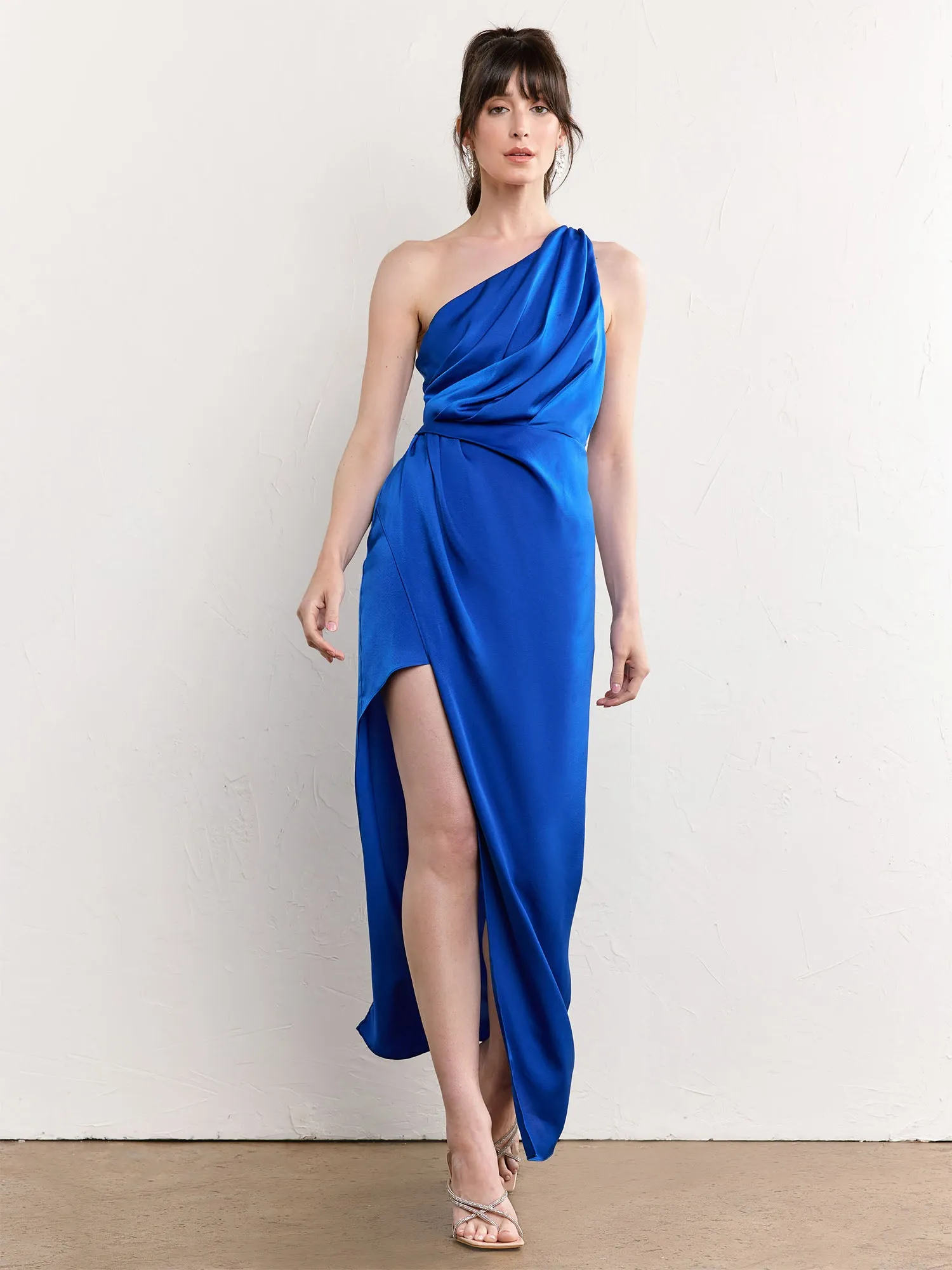 One-Shoulder Pleated Satin Midi Dress - Do Be