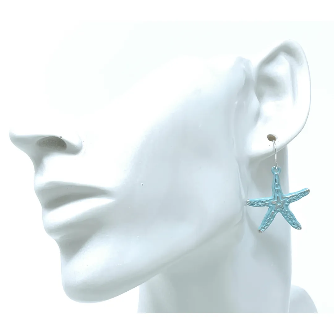 Silver Starfish Earrings With Blue Epoxy