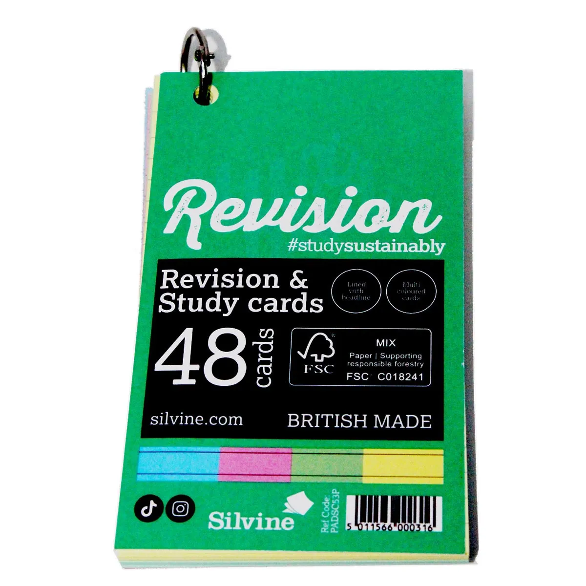Silvine Revision &amp; Study 48 Cards in Assorted Colours Ruled with Ring Binder