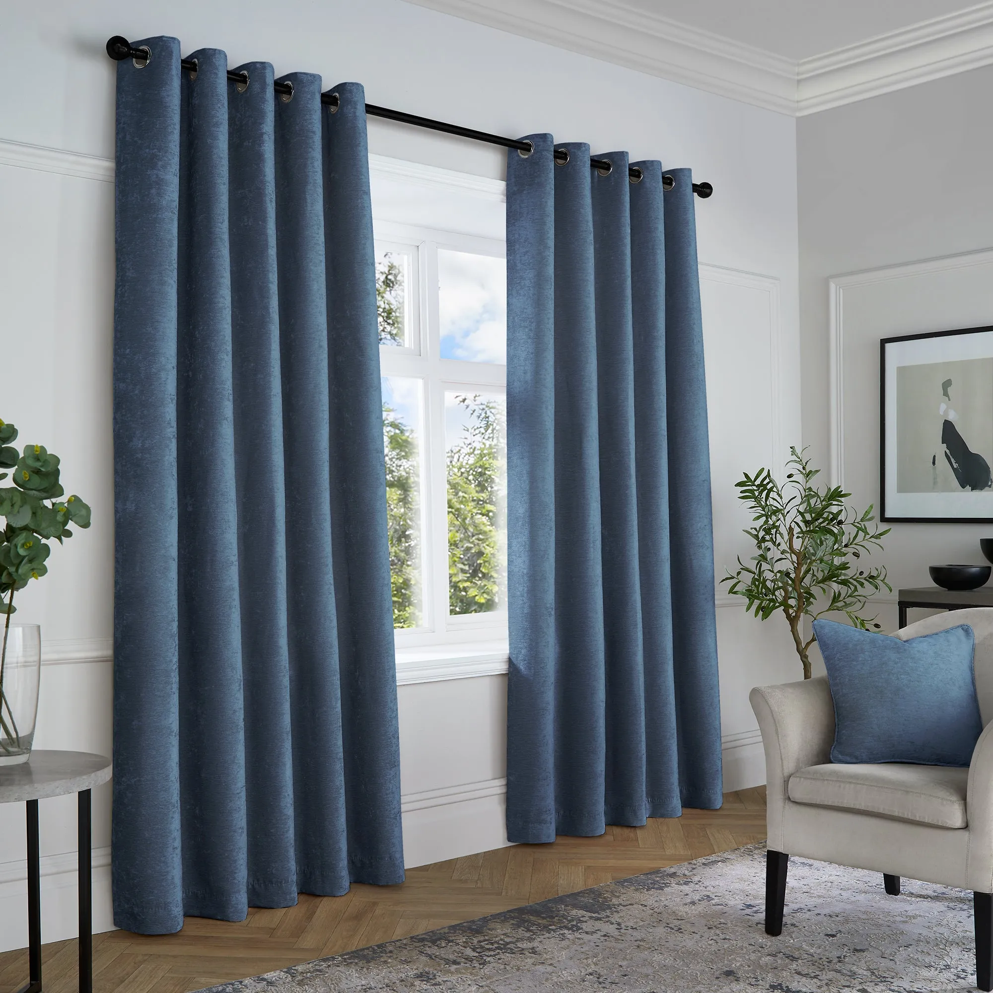 Textured Chenille Pair of Eyelet Curtains by Curtina in Navy